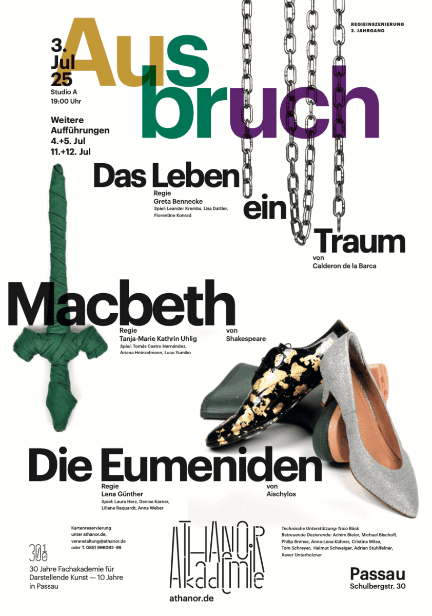 Flyer zum Theaterstück: Ausbruch bestehend aus das Leben ist ein Traum, Macbeth und die Eumeniden an der Athanor Akademie Ausbruch